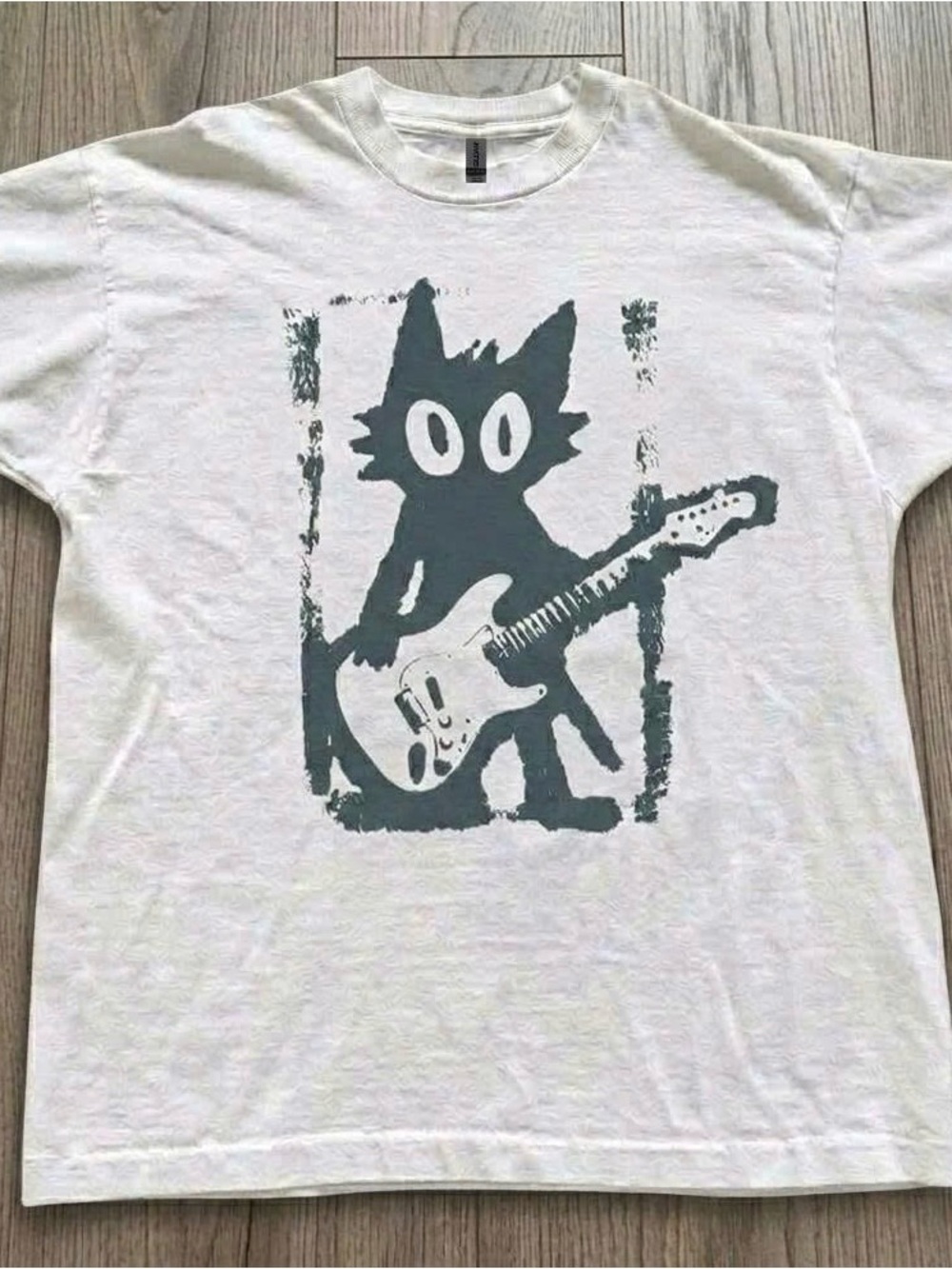 Gildan White T-Shirt with Dark Gray Cat Guitar Graphic